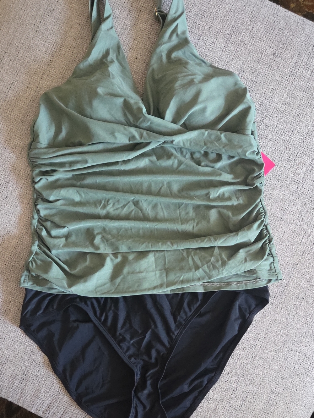 Sage Green Tankini Top with Black Swim Bottoms 18